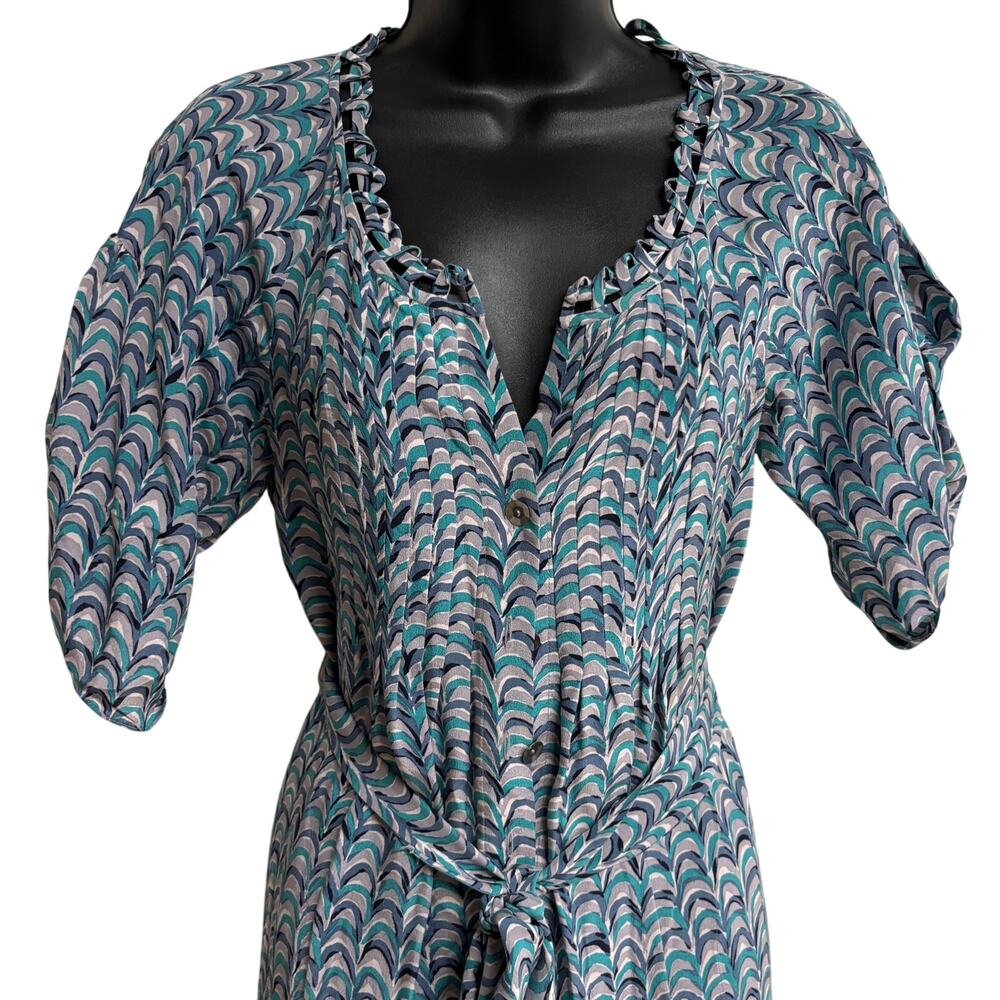 Rebecca Taylor Womens Silk Shirt Dress Size 2 Blue Geometric Print Tie Waist - Picture 2 of 14